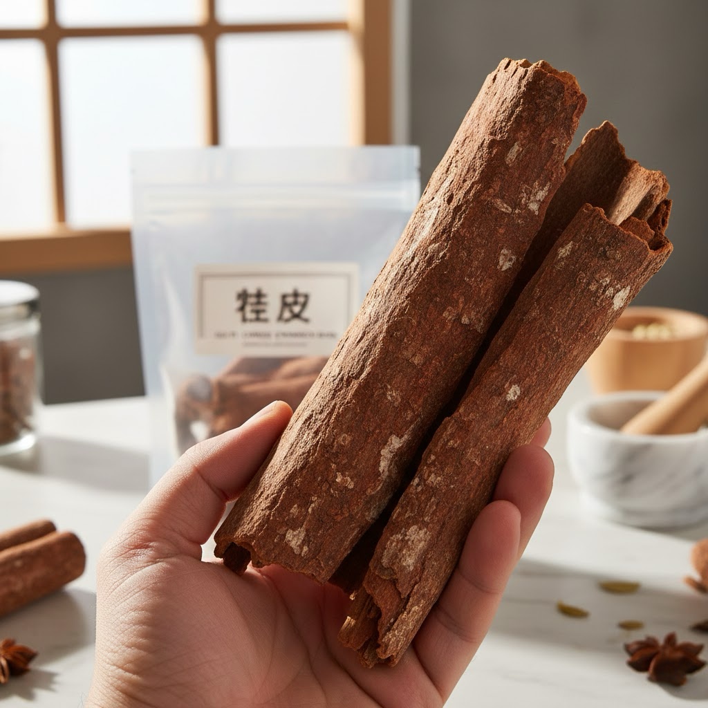 Chef holding a thick piece of premium Chinese Cinnamon bark showing the rough texture.