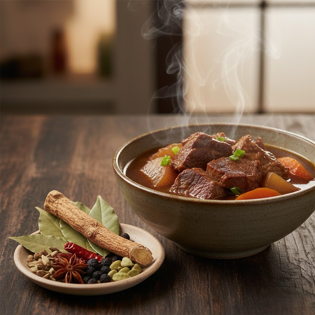 A bowl of Chinese Braised Beef Brisket served next to the dried licorice root and spices used to flavor the broth.
