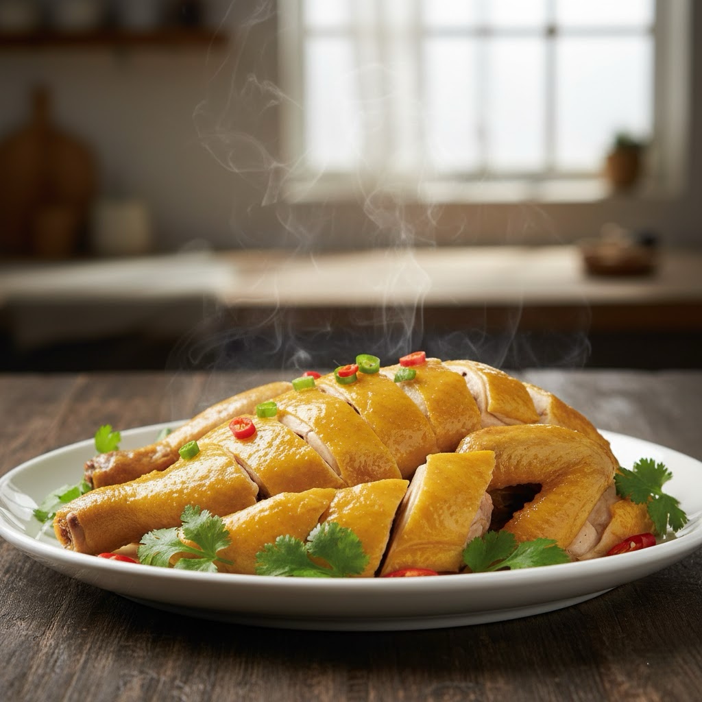 Golden yellow Chinese salt baked chicken chopped and served on a platter.