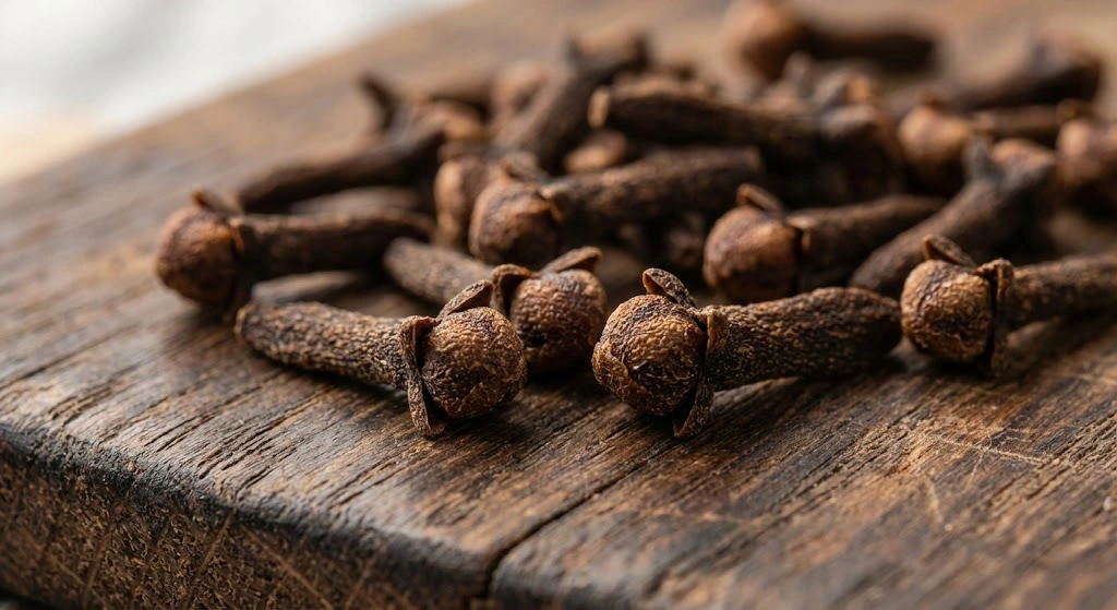 Close-up of dried whole cloves (Ding Xiang) showing the nail-like shape and rich dark brown color.