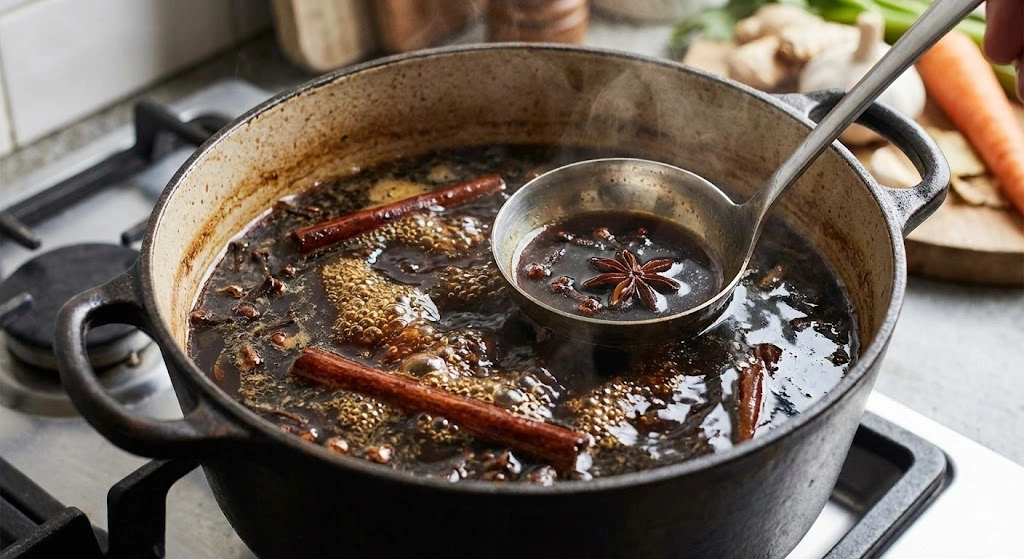 A rich Chinese master stock simmering with whole cloves, star anise, and aromatics for braising meats.
