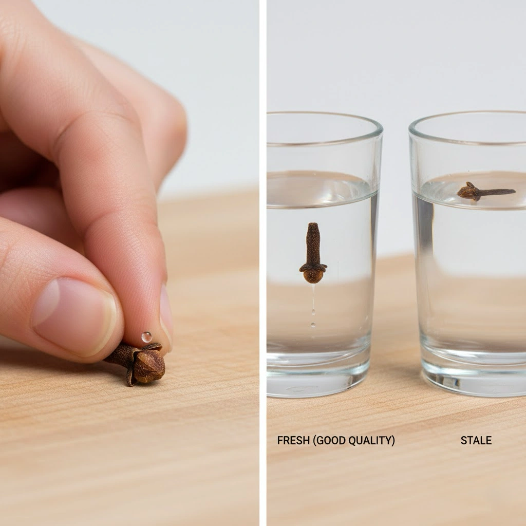 How to test clove freshness: The fingernail oil test and the water float test for high-quality spices.