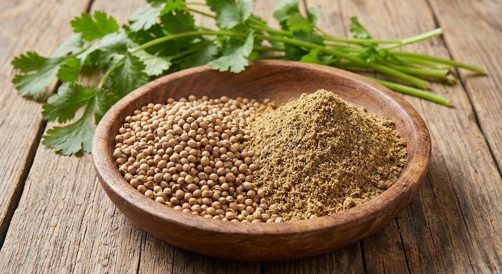 Whole coriander seeds and freshly ground powder in a wooden bowl with fresh cilantro sprigs.