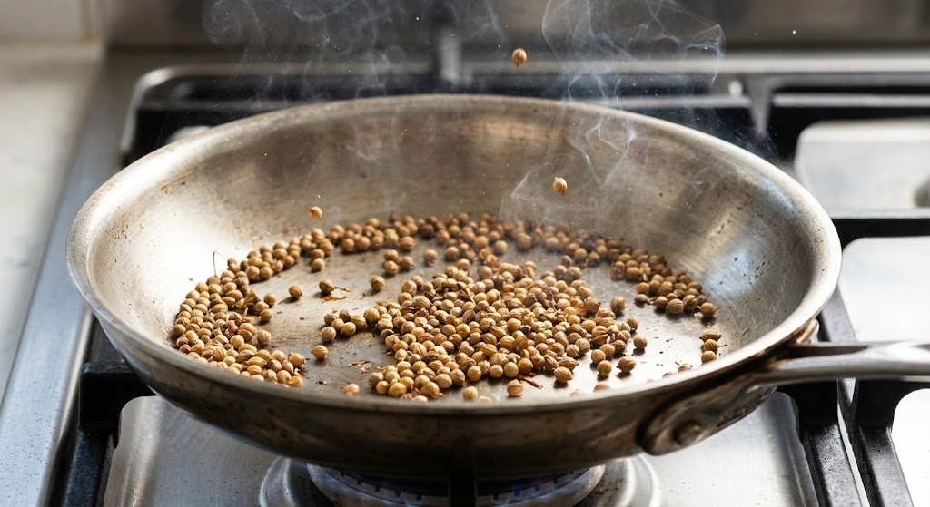 Toasting whole coriander seeds in a dry skillet to release aromatic oils