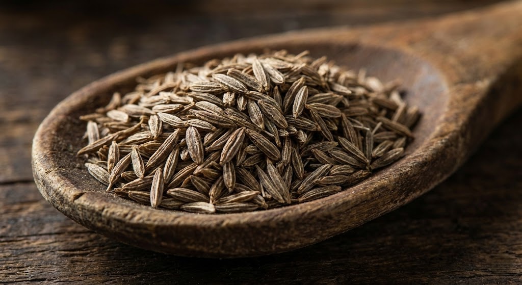 Close-up macro view of whole raw cumin seeds showing distinct ridges and earthy brown color.