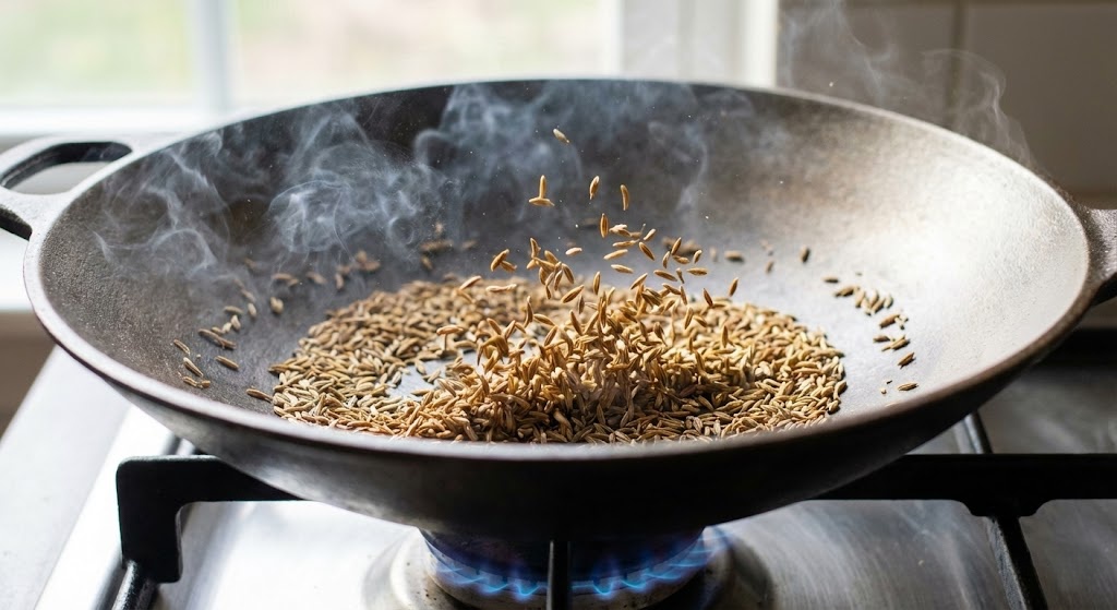 Toasting whole cumin seeds in a dry wok to release essential oils and aroma.