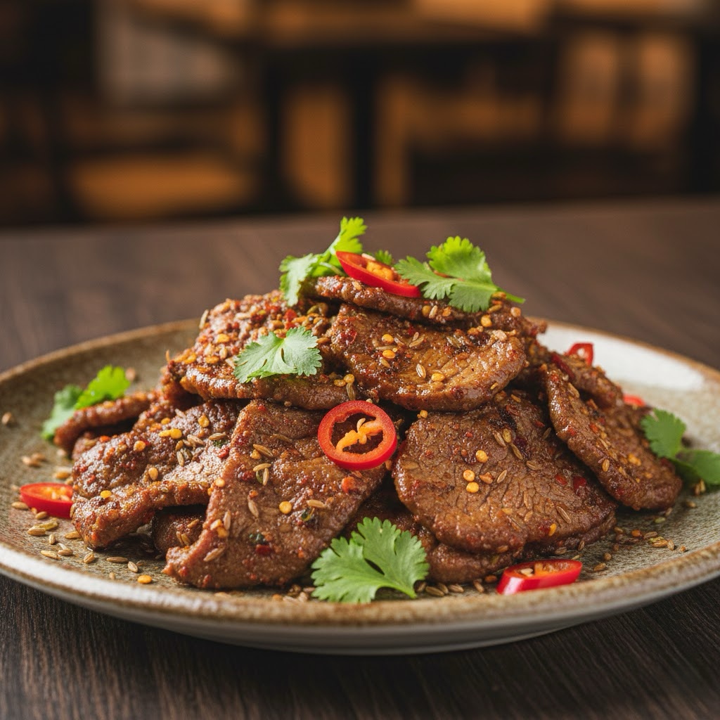 Stir-fried Cumin Lamb dish garnished with fresh cilantro and chili peppers.