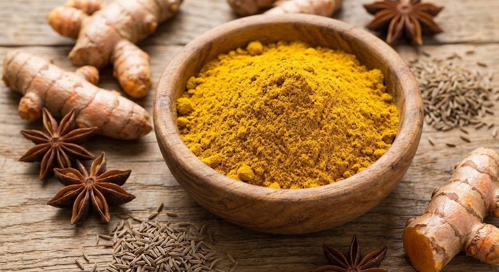 A vibrant display of curry powder and its constituent whole spices on a rustic background.