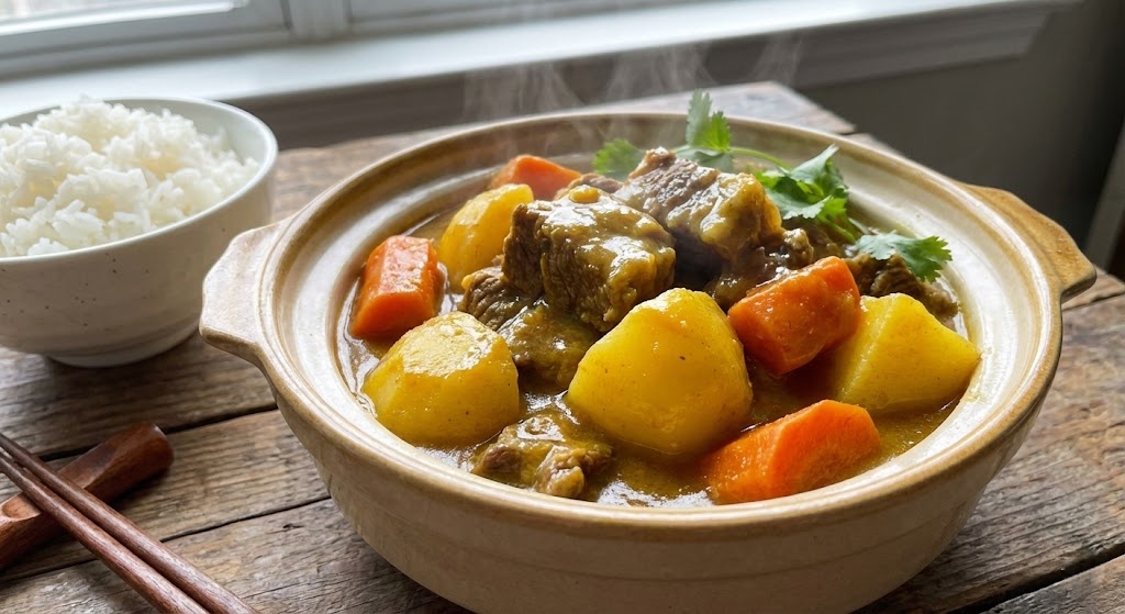 A delicious bowl of Chinese Curry Beef Brisket served with white rice.