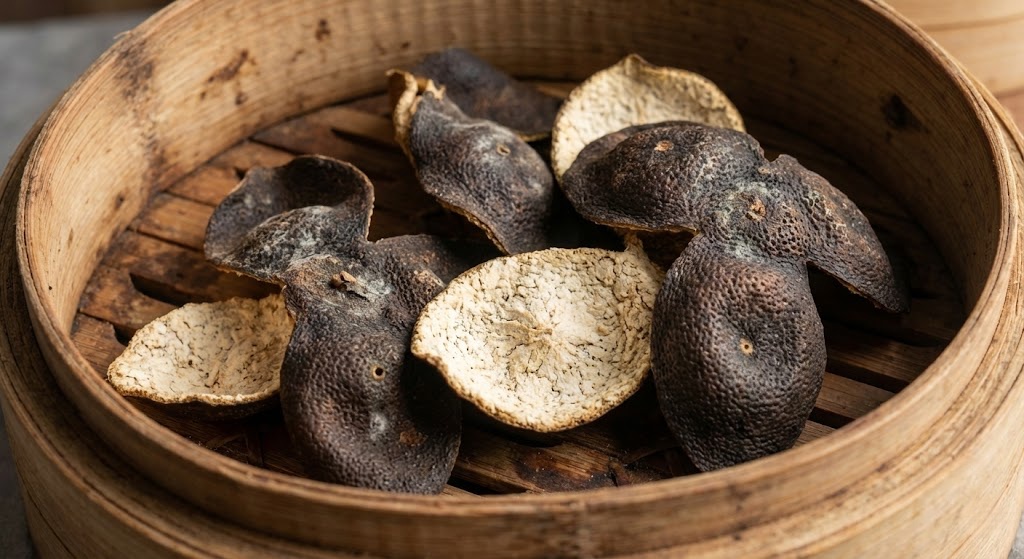Close-up of authentic aged dried mandarin orange peel showing textured skin and dark color.