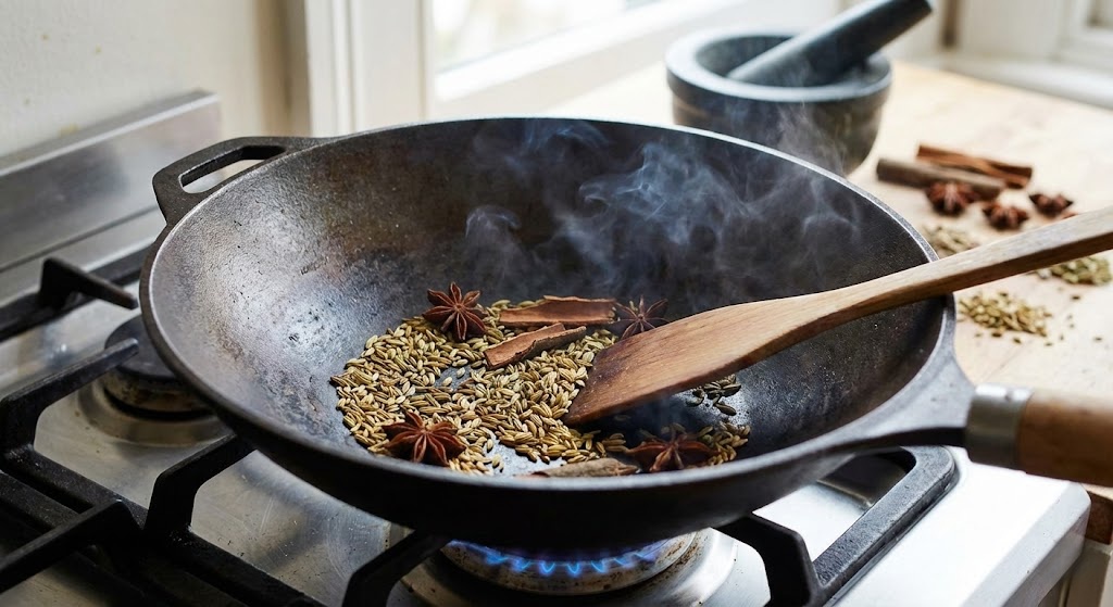 Dry toasting fennel seeds and other spices in a wok to release their essential oils before grinding or cooking.