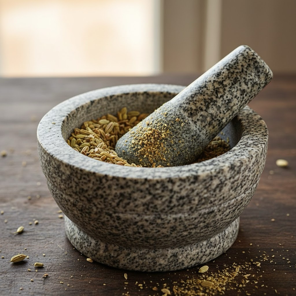 Using a mortar and pestle to freshly grind fennel seeds ensures maximum flavor and aroma for spice blends.
