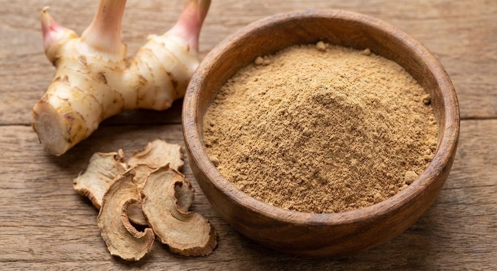 A comparison of fresh galangal rhizome, dried slices, and finely ground galangal root powder in a wooden bowl.