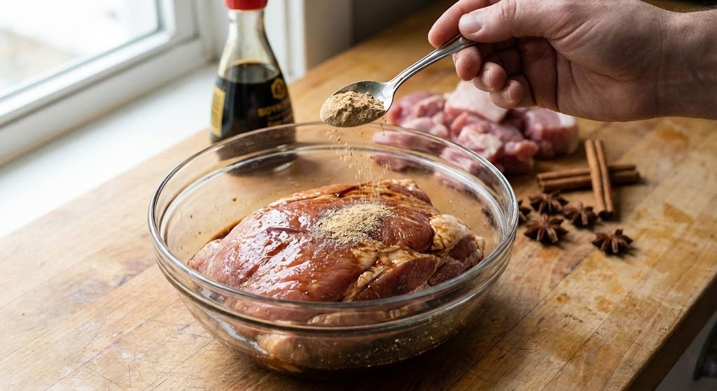 Applying a spice rub including galangal root powder to pork shoulder for a traditional Chinese braised dish.
