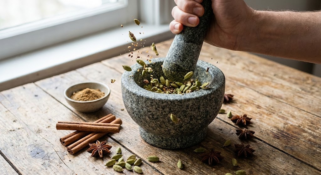 Crushing green cardamom pods in a mortar and pestle with cinnamon and star anise.