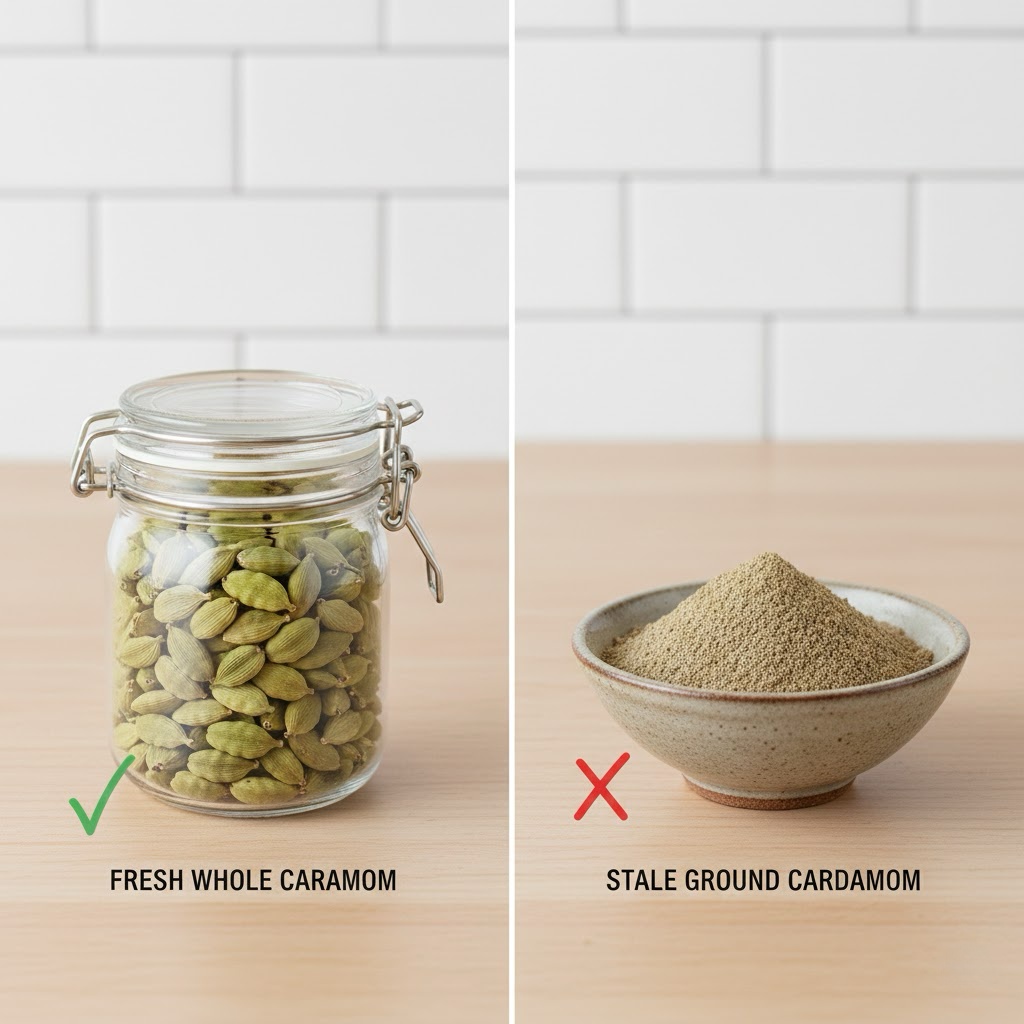 Comparison of fresh whole green cardamom pods versus stale ground cardamom powder.
