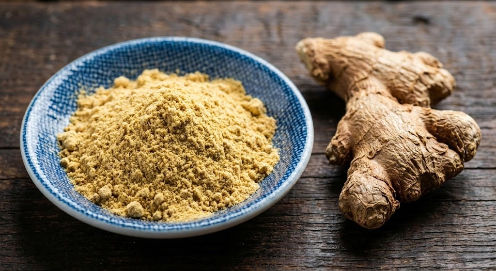 A close-up of fine yellow-tan Ground Ginger Powder (Jiang Fen) in a traditional Chinese spice bowl.