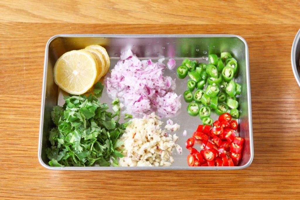 Chop Aromatics AND Slice Chilies AND Slice Lemon
