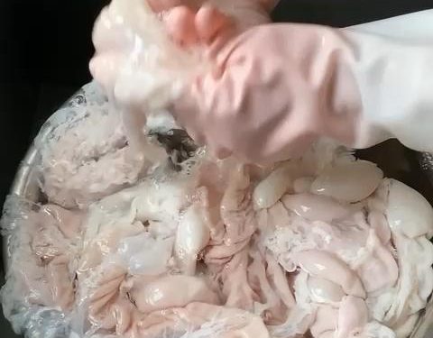 The outside is now clean, but we must clean the inside. To make this easier, use kitchen shears to cut the long intestine into shorter, 6-inch (15 cm) sections.