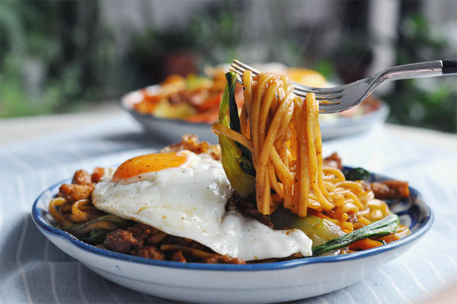 Pork Chow Mein with Soft-Fried Egg