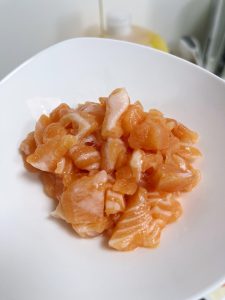 Cook the Salmon: Add the salmon cubes to the pan. Sprinkle with the Salt and drizzle the Light Soy Sauce around the perimeter of the pan (this helps caramelize the soy sauce).