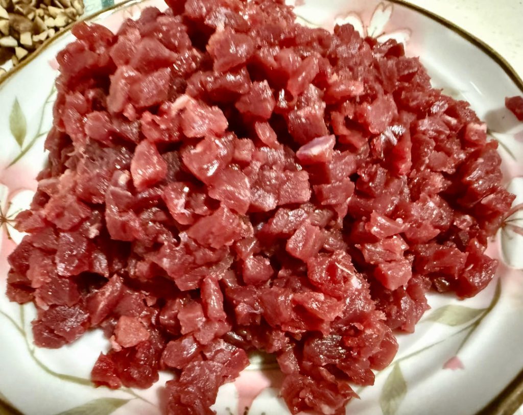 Dice the beef into small 1cm cubes.
