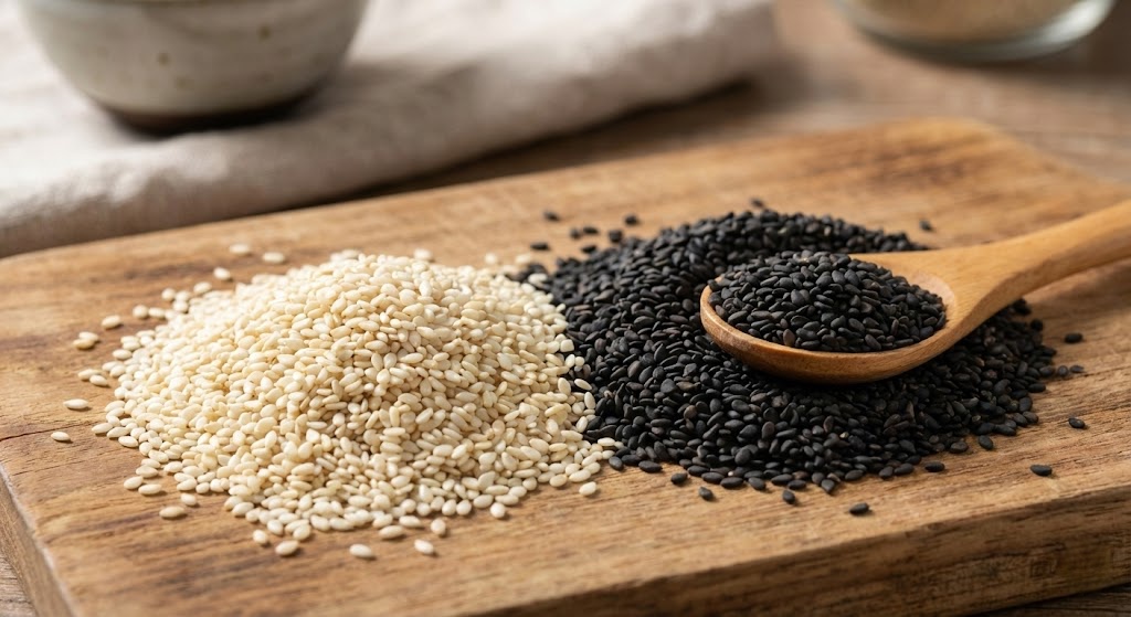 Close-up comparison of raw white sesame seeds and black sesame seeds on a wooden surface.