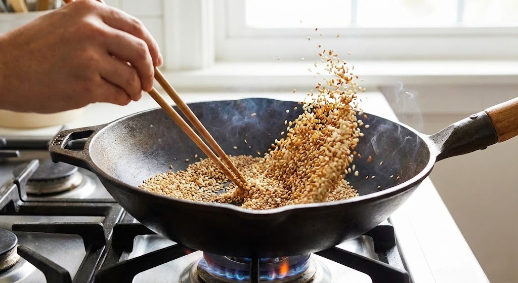 Toasting white sesame seeds in a dry wok until golden brown.