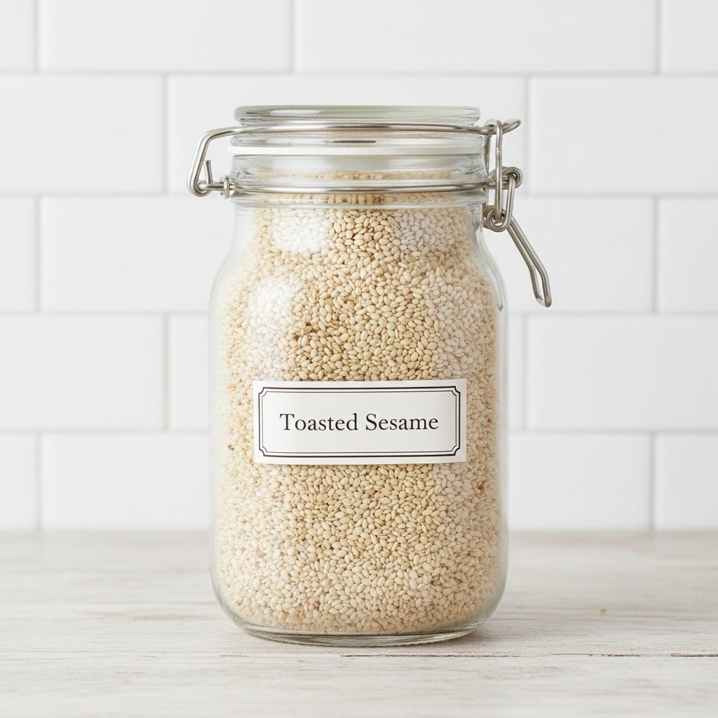 White sesame seeds stored in an airtight glass jar to maintain freshness.