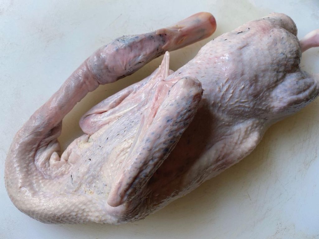 Clean the Duck: Remove any remaining pinfeathers, inner organs, and the tail. Rub the entire duck thoroughly with a handful of plain salt to clean the skin. Rinse thoroughly under cold running water to wash away blood and impurities. Pat the duck completely dry inside and out.