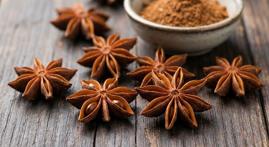 Close-up of whole Chinese star anise pods and ground powder showing the rusty-brown texture and seeds
