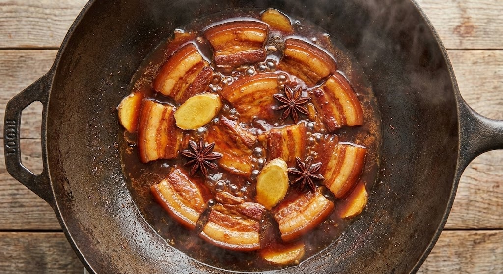 Star anise pods simmering in a traditional Chinese red braise sauce with pork belly and ginger.