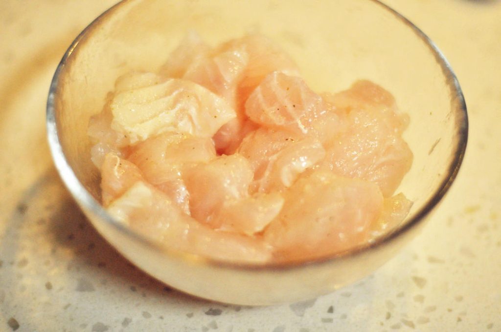 Blanch the Fish Bring a pot of water to a boil. Add the marinated fish pieces. Cook just until they turn opaque and white (about 30-45 seconds). Do not overcook. Immediately remove with a slotted spoon and set aside.