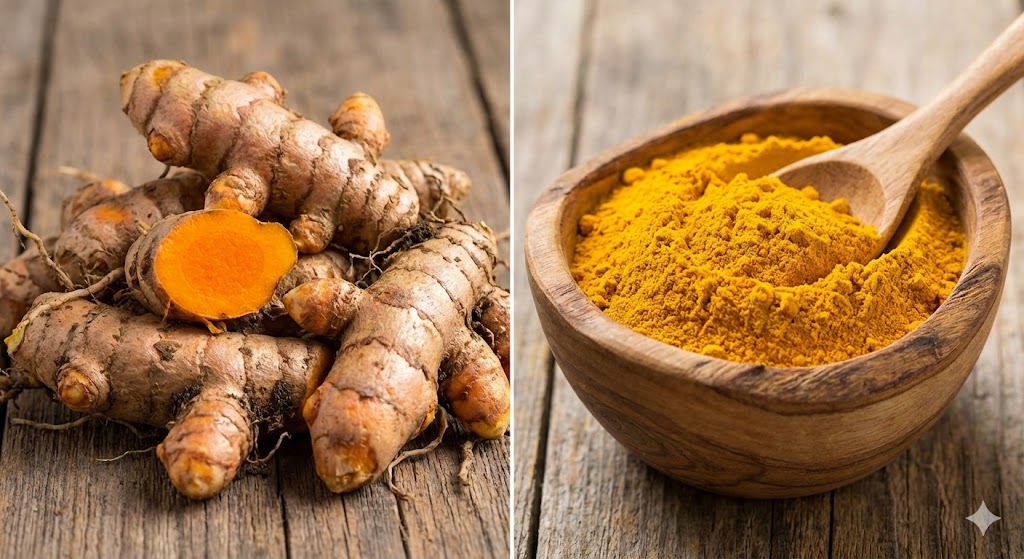 Fresh turmeric rhizomes and ground turmeric powder on a wooden background.