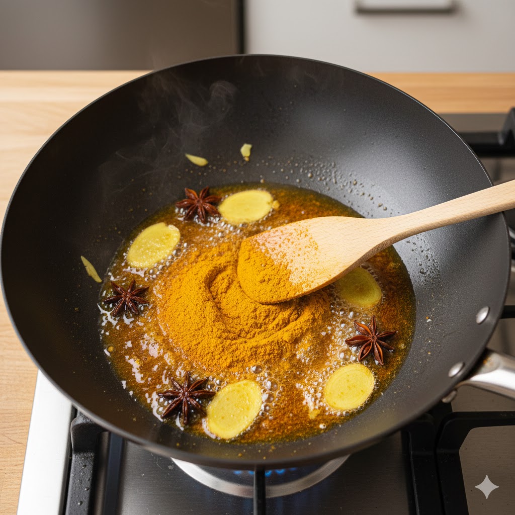 Blooming turmeric powder in oil in a carbon steel wok.