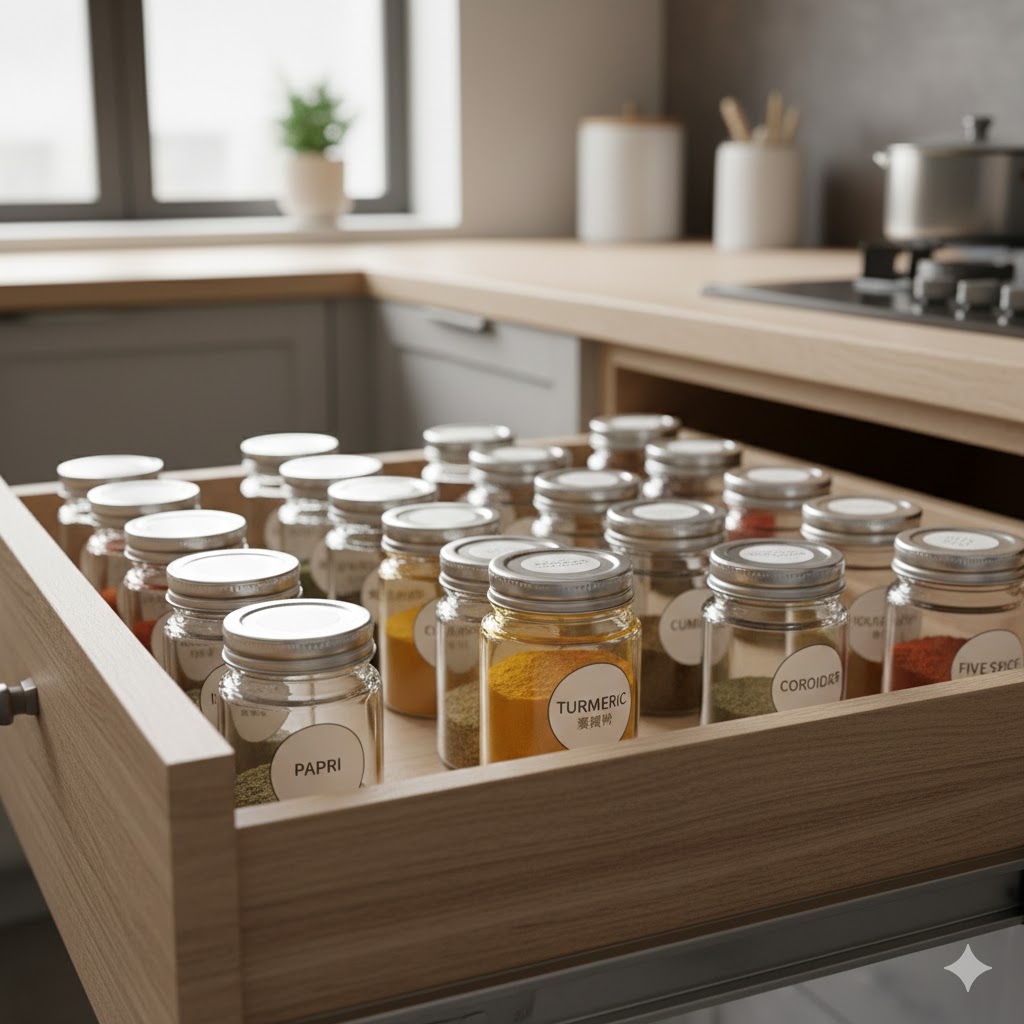 Storing turmeric powder in an airtight glass jar to maintain freshness.