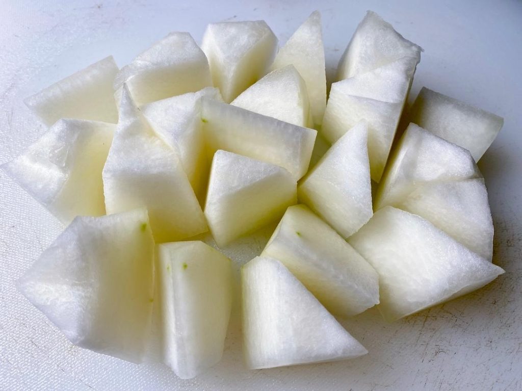 Winter Melon: Peel the thick green skin, scoop out the seeds, and cut the flesh into 1.5-inch chunks.