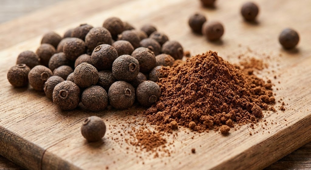 Whole and ground allspice berries on a wooden culinary board.