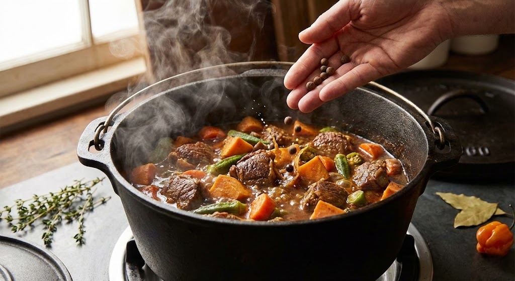 Adding whole allspice berries to a simmering lamb stew