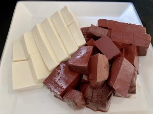 Cube the Curds: Carefully cut both the pig blood curd and the tender tofu into uniform 1/2-inch (1.5 cm) cubes.