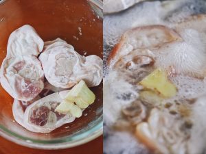 Boil the Pork (0-10 minutes): Wash your pork knuckle chunks thoroughly. Place them in a large pot and cover with plenty of cold water. Add the ginger slices and 2 tablespoons of Shaoxing Wine. Bring to a boil over high heat, then carefully skim off the foam and impurities that float to the top.