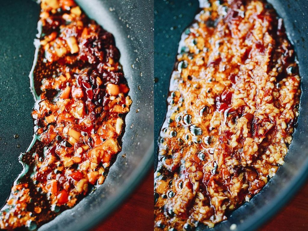 Bloom the Spices (3-5 minutes): Heat a wok with 1 tablespoon of oil over medium-low heat. Add the Duo Jiao and Doubanjiang, gently frying them for about 10–15 seconds.