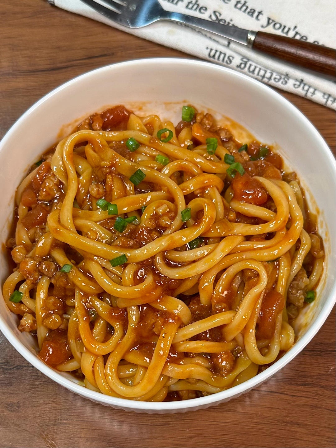 Tomato Meat Sauce Noodles ready to serve