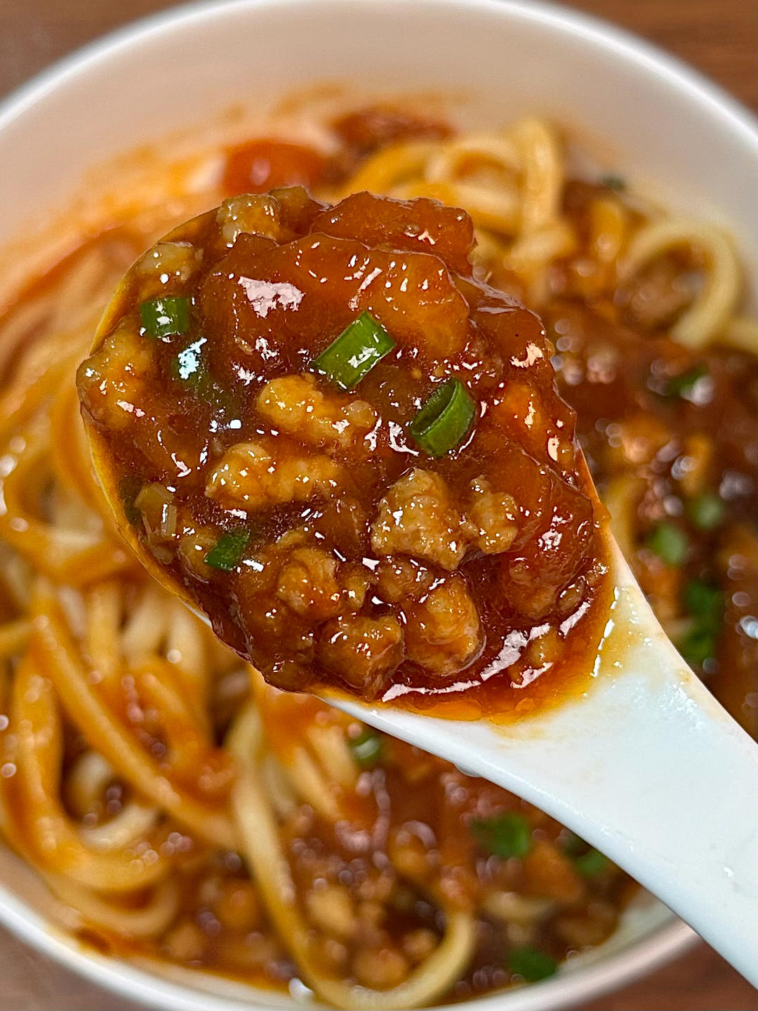 Final bowl of Tomato Meat Sauce Noodles