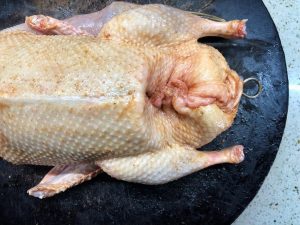 Spoon the marinade into the duck cavity and sew it closed with a needle
