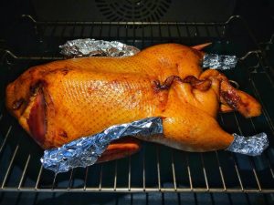 Roast the duck breast side up at 175 degrees for thirty minutes