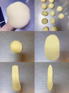 Divide the dough into 12 pieces, roll each long, fold the ends into the center, fold again, and shape into a spindle.