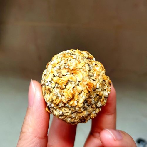 Chia banana oat bites, golden and rough-textured