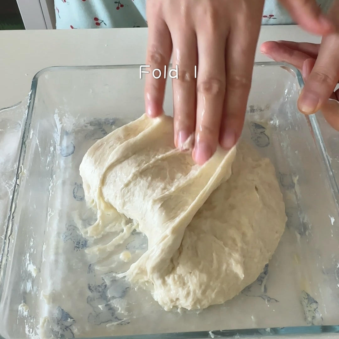 Lift one edge of the dough, stretch it up and fold it over the center, turning the bowl a quarter turn each time.