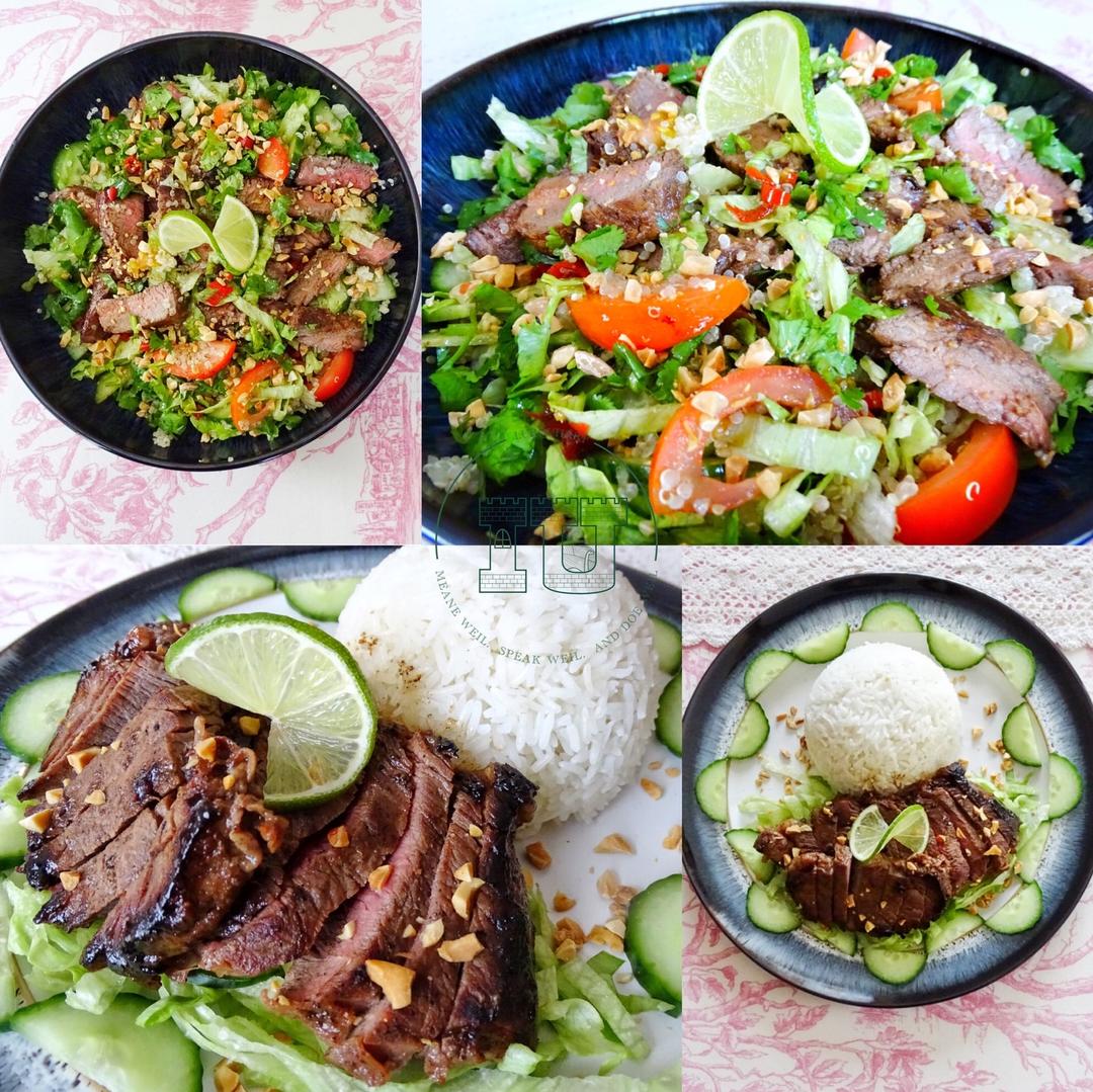 Crying tiger Thai steak sliced over a salad with chili dip